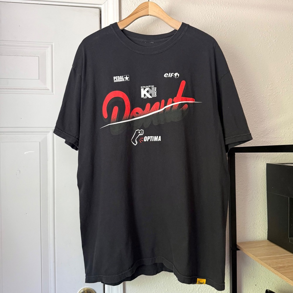 DONUT Media black racing graphic logo crew neck short sleeve tee t-shirt